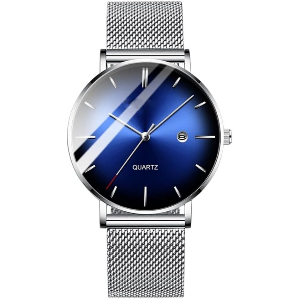 Men's Silver Ultra-Thin Minimal Waterproof Stainless Steel Mesh Band Buckl Watch